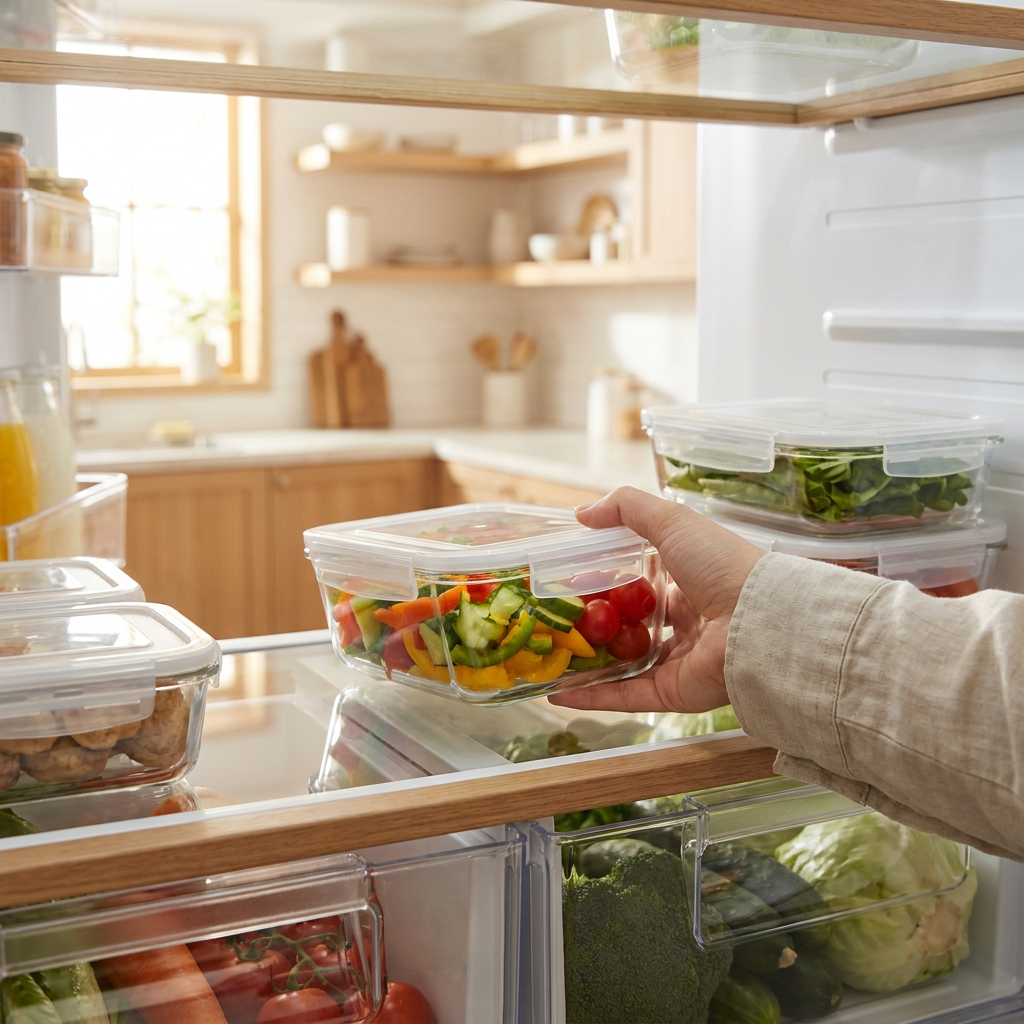 Placing a container of fresh veg into a tidy fridge